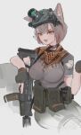  1girl :3 ? absurdres animal_ear_fluff animal_ears assault_rifle bandana belt belt_pouch black_choker black_gloves bra_visible_through_clothes breasts cat_ears choker fingerless_gloves gloves grey_hair grey_shirt gun highres holding holding_gun holding_weapon large_breasts looking_at_viewer multicolored_hair original polilla pouch rifle shirt short_hair shorts_lift simple_background sitting solo streaked_hair thigh_strap trigger_discipline weapon weapon_request white_background yellow_eyes 