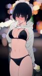  1girl absurdres bikini bikini_under_clothes black_bikini black_eyes black_hair blurry blurry_background breasts cleavage clothes_lift cowboy_shot embarrassed highres hood hooded_sweater hoodie kemuri_haku large_breasts original short_hair solo sweater sweater_lift swimsuit swimsuit_under_clothes twitter_username white_sweater 