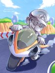  1boy bicycle blue_sky cloud dated driving facial_hair full_body gloves ground_vehicle hat highres looking_at_viewer male_focus mario_(series) mario_kart metal_mario mustache outdoors short_hair sky solo twitter_username ya_mari_6363 