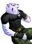  anthro biceps black_clothing black_shirt black_topwear bodily_fluids bottomwear camo camo_bottomwear camo_clothing camo_print canid canine canis clothing domestic_dog facial_markings fingerless_gloves fur gloves handwear head_markings hi_res lifewonders live-a-hero male mammal markings muscular muscular_anthro muscular_male pattern_bottomwear pattern_clothing pnmne sadayoshi shirt solo sweat topwear video_games white_body white_fur 