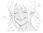  absurd_res baalbuddy blush eyes_closed female hair hi_res horn horned_humanoid humanoid humanoid_pointy_ears monochrome simple_background smile solo white_background 