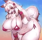  accessory anthro big_breasts bikini bracelet breasts canid canine cleavage clothed clothing digital_media_(artwork) female female_anthro flower flower_in_hair fluffy fluffy_tail fox fur hair hair_accessory hi_res huge_breasts jewelry kemono leaning leaning_forward long_hair looking_at_viewer mammal plant portrait shaded simple_background slightly_chubby slightly_chubby_female smile solo sususuigi swimwear three-quarter_portrait watermark wet white_body white_fur white_hair 