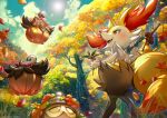  braixen cloud commentary day ekm falling_leaves fangs from_below holding leaf open_mouth outdoors pokemon pokemon_(creature) pumpkaboo seedot sky smile stick symbol-only_commentary tongue tree watermark 