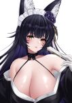  1girl :p animal_ear_fluff animal_ears azur_lane bangs bare_shoulders black_choker black_hair black_kimono breasts choker cleavage commentary_request facial_mark flower folding_fan fox_ears frilled_hairband frills gloves hair_flower hair_ornament hairband hand_fan highres hokkaidonder holding holding_fan japanese_clothes kimono large_breasts long_hair looking_at_viewer musashi_(azur_lane) off_shoulder purple_flower purple_rose rose simple_background solo tongue tongue_out upper_body whisker_markings white_background white_gloves yellow_eyes 