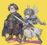  1boy 1girl angry armor armored_dress blue_armor book boots brown_hair buruten cape glasses helmet highres lenneth_valkyrie lezard_valeth long_hair low-braided_long_hair pointing_weapon shoulder_pads sword valkyrie valkyrie_profile weapon winged_helmet 