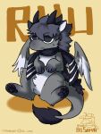  3:4 asnnonaka black_horn black_pawpads black_scarf cheek_tuft chibi dragon facial_tuft featureless_crotch front_view full-length_portrait fur furred_dragon grey_body grey_fur grey_wings hi_res horn male mouth_closed narrowed_eyes pawpads portrait scarf semi-anthro shadow signature simple_background sitting solo spread_legs spreading tuft white_body white_fur white_wings wings yellow_background 