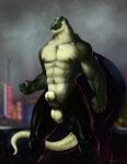  2020 abs anthro balls biceps big_penis blurred_background cape city clothing crotchless_clothing dinosaur erection fist genitals hi_res looking_aside male mostly_nude muscular navel nipples outside pecs penis pose reptile satanic_monkey scalie solo standing superhero tagme theropod tyrannosaurid tyrannosaurus tyrannosaurus_rex 