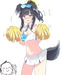  1boy 1girl animal_ears black_hair blue_archive blue_eyes blush breasts bright_pupils cheerleader cleavage commentary_request dog_ears dog_girl dog_tail halo hibiki_(blue_archive) hibiki_(cheerleader)_(blue_archive) highres medium_breasts pleated_skirt pom_pom_(cheerleading) ponytail sensei_(blue_archive) skirt solo_focus star_(symbol) sticker_on_face sweat tail tearing_up thumbs_up wavy_mouth white_pupils youyoukai 