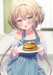  1girl :o apron bangs beniko_(ymdbnk) blue_apron blurry blurry_background blush brown_hair collarbone commentary_request curtains depth_of_field fang food frilled_apron frills hair_between_eyes hands_up highres holding holding_plate indoors long_hair looking_at_viewer low_twintails notice_lines off_shoulder open_mouth original pancake pancake_stack plate polka_dot polka_dot_apron purple_eyes shirt short_sleeves solo translation_request twintails very_long_hair white_shirt window 