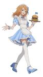  1girl alternate_costume apron bangs blue_bow blue_bowtie blue_dress blue_footwear bow bowtie breasts brown_eyes burger commentary detached_collar dress enmaided flag food frilled_apron frilled_skirt frills full_body hair_bow hand_up highres holding holding_tray idolmaster idolmaster_cinderella_girls legs light_oooo looking_at_viewer maid maid_apron maid_headdress medium_hair open_mouth orange_hair puffy_short_sleeves puffy_sleeves shoes short_sleeves skirt small_breasts smile solo striped striped_dress symbol-only_commentary teeth thighhighs thighs tray upper_teeth vertical-striped_dress vertical_stripes walking white_apron white_background white_thighhighs wrist_cuffs yuuki_haru zettai_ryouiki 