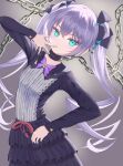  1girl alternate_costume bangs black_bow black_choker black_dress black_ribbon blue_eyes blush bow chain choker collarbone dress flat_chest grey_background grey_hair hair_ribbon highres leaning_to_the_side looking_at_viewer muvluv muvluv_alternative muvluv_alternative_(anime) open_hand open_mouth red_ribbon ribbon solo takka_(tktk1111111) twintails yashiro_kasumi 