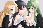  3girls alfin_reise_arnor black_hair blonde_hair blue_eyes braid breast_grab breasts breasts_out eiyuu_densetsu elise_schwarzer grabbing hakuleg long_hair multiple_girls musse_egret nipples no_bra parted_lips purple_eyes school_uniform sen_no_kiseki sen_no_kiseki_iii sen_no_kiseki_iv sideboob simple_background st._astraia&#039;s_school_uniform 