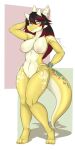  anthro areola blue_eyes bracelet breasts errathimal_(zettra_thorn) female fraydragon hair hi_res horn jewelry kobold markings multicolored_body multicolored_hair nude scales solo thick_tail two_tone_body two_tone_hair yellow_body yellow_scales 