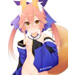  1girl animal_ears bangs blue_bow blue_sleeves blush bow breasts brown_eyes closed_mouth commentary_request covering covering_breasts detached_sleeves fate/extra fate_(series) fox_ears fox_girl fox_tail groin hair_between_eyes hair_bow haryuu_(poetto) highres long_hair long_sleeves looking_at_viewer nipples nude pink_hair small_breasts smile solo tail tamamo_(fate) tamamo_no_mae_(fate/extra) twintails twitter_username very_long_hair wide_sleeves 