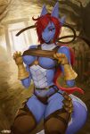  absurd_res anthro big_breasts blue_body blue_scales breasts clothed clothing clothing_lift countershading crossgender detailed_background dragon female fingers hair hi_res rakuo red_eyes red_hair refegi reptile scales scalie solo 