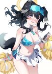  1girl absurdres animal_ears bangs bare_shoulders black_hair blue_archive blush breasts broom cheerleader cleavage collarbone crop_top dog_ears dog_girl dog_tail eyewear_on_head gloves goggles goggles_on_head halo hibiki_(blue_archive) hibiki_(cheerleader)_(blue_archive) highres holding holding_pom_poms jewelry long_hair looking_at_viewer medium_breasts midriff miniskirt navel open_mouth pleated_skirt pom_pom_(cheerleading) purple_eyes simple_background skirt solo star_(symbol) sticker_on_face stone_(ksorede) tail thighs twintails white_background white_skirt 