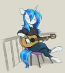  alternate_hairstyle anthro blue_hair blue_tail bracelet chair clothing ear_piercing equid equine eyes_closed female friendship_is_magic furniture guitar hair hasbro horn humanoid_hands jewelry long_hair mammal musical_instrument my_little_pony piercing plucked_string_instrument sinrar sitting smile solo string_instrument sweater topwear unicorn vinyl_scratch_(mlp) white_body 