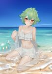  1girl bare_legs bare_shoulders barefoot beach bikini bikini_skirt blue_sky blush bottle breasts brown_eyes closed_mouth commentary_request cork cross-laced_clothes frilled_bikini frills genshin_impact glasses green_hair highres long_hair looking_at_viewer meda multicolored_hair navel ocean off_shoulder outdoors raised_eyebrows see-through semi-rimless_eyewear shore sitting skirt sky slime_(genshin_impact) small_breasts solo stomach streaked_hair sucrose_(genshin_impact) swimsuit thighs water wet wet_clothes white_bikini white_skirt 