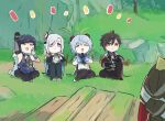  1boy 4girls :d ahoge bangs black_hair blue_hair bridal_gauntlets cheering china_dress chinese_clothes clapping dress fur-trimmed_jacket fur_trim ganyu_(genshin_impact) genshin_impact gloves grass hair_ornament jacket multiple_girls on_grass shenhe_(genshin_impact) single_glove smile white_hair xinzoruo yelan_(genshin_impact) yellow_eyes zhongli_(genshin_impact) 