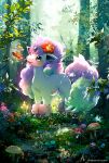  blush_stickers commentary_request day ekm flabebe flower galarian_ponyta highres mushroom no_humans open_mouth outdoors pokemon pokemon_(creature) purple_eyes red_flower smile standing tree 
