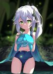  1girl absurdres bare_shoulders cocoablue23 cowboy_shot elf fungi_(genshin_impact) genshin_impact green_eyes hair_ornament highres hug looking_at_viewer nahida_(genshin_impact) old_school_swimsuit pointy_ears school_swimsuit side_ponytail smile solo swimsuit symbol-shaped_pupils thighs wet white_hair 