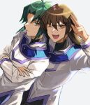  2boys bangs brown_hair coat crossed_arms duel_academy_uniform_(yu-gi-oh!_gx) dutch_angle green_hair locked_arms long_hair male_focus marufuji_ryou multiple_boys one_eye_closed salute smile stim_yyy tenjouin_fubuki upper_body yu-gi-oh! yu-gi-oh!_gx 