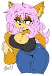  2018 abstract_background akatsukishiranui-fox anthro artist_name beauty_mark bedroom_eyes big_breasts blue_eyes bottomwear breasts canid canine cleavage clothed clothing curvaceous curvy_figure denim denim_clothing digital_drawing_(artwork) digital_media_(artwork) ear_piercing ear_ring eyebrow_through_hair eyebrows eyelashes female fluffy fluffy_tail fox fur hair hand_on_hip hand_on_own_hip hi_res hourglass_figure huge_breasts jeans leaning leaning_forward long_hair looking_at_viewer mammal narrowed_eyes nidia_rose pants piercing pink_hair ring_piercing seductive shirt signature simple_background smile solo tan_body tan_fur tank_top thick_thighs topwear translucent translucent_hair voluptuous white_background wide_hips yellow_body yellow_fur 