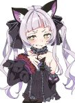  1girl animal_ears bare_shoulders black_dress black_ribbon blush bright_pupils cat_ears choker dress frilled_choker frilled_dress frilled_ribbon frills grey_choker hair_ribbon hololive ixy looking_at_viewer murasaki_shion ribbon simple_background solo twintails virtual_youtuber white_background white_pupils yellow_eyes 
