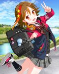  1girl :d absurdres bag bag_charm black_shirt black_socks blue_sky bow brown_hair charm_(object) cloud day hair_ornament headphones headphones_around_neck highres holding holding_bag idol_wars_z jacket jpeg_artifacts looking_at_viewer multicolored_hair outdoors plaid plaid_bow plaid_skirt red_bow red_hair school_bag school_uniform shirt shoes short_hair skirt sky smile sneakers socks star_(symbol) star_hair_ornament streaked_hair third-party_source twisted_torso v water yaotome_fuka 
