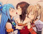  3girls aqua_(konosuba) armor artist_name bangs bare_shoulders black_bodysuit blonde_hair blue_hair blue_shirt bodysuit boobplate breast_grab breasts brown_hair choker cleavage closed_eyes collarbone commentary commission darkness_(konosuba) detached_sleeves dress english_commentary fff_threesome french_kiss frilled_choker frills grabbing groping group_sex hair_ornament hair_rings hand_on_another&#039;s_shoulder highres kiss kono_subarashii_sekai_ni_shukufuku_wo! large_breasts long_hair megumin multiple_girls najucaju_naju no_headwear red_dress red_ribbon ribbon shirt short_hair short_hair_with_long_locks shoulder_armor sleeveless sleeveless_shirt small_breasts threesome tongue upper_body white_sleeves x_hair_ornament yuri 