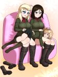  3girls black_hair blonde_hair blue_eyes blush boots boots_removed breasts clara_(girls_und_panzer) closed_eyes closed_mouth cocoa_maroon girls_und_panzer highres katyusha_(girls_und_panzer) lap_pillow large_breasts looking_at_another military military_uniform multiple_girls nonna_(girls_und_panzer) open_mouth pravda_military_uniform shiny shiny_hair shiny_skin short_hair sleeping small_breasts smile uniform yuri 