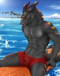  abs anthro athletic athletic_anthro athletic_male black_sclera bottomwear clothing fangs fur hi_res horn jewelry male mammal multicolored_body multicolored_fur muscular necklace sergal solo surfboard syvelldasergal_(lyrusfirewolf) teeth teeth_showing tipsycanvas underwear water 