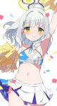  1girl armpits blue_archive blush breasts cheerleader commentary_request flat_chest green_eyes grey_hair hair_intakes hair_ornament hairclip halo hare_(blue_archive) highres midriff mochigome_(ununquadium) navel pleated_skirt pom_pom_(cheerleading) ponytail skirt solo white_skirt 