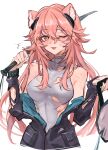  1girl ;d animal_ears arknights bare_shoulders black_jacket earpiece gravel_(arknights) grey_shirt highres holding holding_sword holding_weapon jacket mouse_ears mouse_girl off_shoulder one_eye_closed open_clothes open_jacket open_mouth over_shoulder pink_eyes pink_hair shino_duka shirt simple_background sleeveless sleeveless_shirt smile solo sword torn_clothes torn_shirt upper_body weapon weapon_over_shoulder white_background 