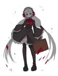  1girl bow briefcase forehead_jewel gothic_lolita hair_bow hayase joints lolita_fashion red_eyes robot_joints simple_background solo twintails under_night_in-birth vatista white_background white_hair 