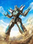  absurdres arm_cannon claw_(weapon) cloud dust head_tilt highres mecha no_humans robot robuja science_fiction sky solo standing terra_phaser tokusatsu ultra_series ultraman_decker_(series) weapon 