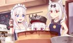  3girls apron azur_lane baking bowl cake chocolate chocolate_cake food highres jar kashino_(azur_lane) kitchen layer_cake little_bel_(azur_lane) maid maid_headdress manjuu_(azur_lane) milk multiple_girls sailor_collar shuojianghanyue spatula upper_body yukikaze_(azur_lane) zeppy_(azur_lane) 