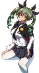  1girl absurdres anchovy_(girls_und_panzer) black_necktie black_ribbon black_skirt blush breasts brown_eyes cat_earthen_pot closed_mouth collared_shirt drill_hair girls_und_panzer green_hair hair_ribbon highres long_hair long_sleeves looking_at_viewer medium_breasts necktie pantyhose pleated_skirt ribbon shirt simple_background skirt smile solo twin_drills white_background white_pantyhose white_shirt 