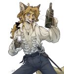  2022 5_fingers alcohol anthro beverage blue_eyes bottomwear canid canine clothing container cup digital_media_(artwork) drinking_glass edgar_vladilisitsa fingers fox fur glass glass_container glass_cup hi_res inner_ear_fluff jewelry male mammal melee_weapon necklace open_mouth pants simple_background solo sword tatujapa topwear tuft weapon white_background wine wine_glass 