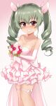  1girl absurdres anchovy_(girls_und_panzer) bare_shoulders blush bouquet breasts collarbone dress drill_hair elbow_gloves frilled_dress frills girls_und_panzer gloves green_hair grin hair_ribbon highres holding holding_bouquet jewelry kurokimono001 long_hair looking_at_viewer necklace pink_dress pink_gloves red_eyes ribbon shiny shiny_hair small_breasts smile solo twin_drills 