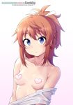  1girl bare_shoulders blue_eyes breasts censored collarbone commentary english_text expressionless geewhy gradient gradient_background hair_ribbon heart heart_censor koshigaya_natsumi looking_at_viewer non_non_biyori orange_hair pink_background ponytail ribbon shirt short_ponytail sidelocks small_breasts solo subscribestar_username symbol-only_commentary tan tanlines topless undressing upper_body white_background white_ribbon white_shirt 