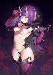  1girl absurdres blood blood_on_clothes blood_on_face blush bob_cut breasts elbow_gloves fangs fate/grand_order fate_(series) gloves highres horns jingb_dx katana medium_breasts navel nipples oni oni_horns purple_eyes purple_hair pussy pussy_peek see-through short_eyebrows shuten_douji_(fate) smile solo sword taimanin_(series) thick_thighs thighhighs thighs tongue tongue_out weapon 