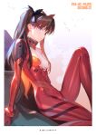  1girl absurdres bangs black_ribbon blue_eyes bodysuit breasts cosplay crossover evangelion:_3.0_you_can_(not)_redo fate/stay_night fate_(series) green_eyes hair_ribbon highres knee_up long_hair long_legs looking_at_viewer neon_genesis_evangelion plugsuit rebuild_of_evangelion red_bodysuit ribbon scan shiny shiny_skin siino sitting small_breasts solo souryuu_asuka_langley souryuu_asuka_langley_(cosplay) thighs tohsaka_rin torn_bodysuit torn_clothes twintails two_side_up 