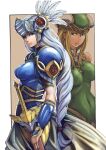  2girls armor armored_dress blonde_hair blue_armor blue_eyes freya_(valkyrie_profile) hat helmet lenneth_valkyrie leotard long_hair multiple_girls navel shoulder_armor shoulder_pads sowel_(sk3) sword valkyrie valkyrie_profile weapon winged_helmet 