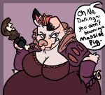  annoyed anthro breasts canid canine cleavage clothed clothing crown dialogue domestic_pig eating english_text female food fox fur hi_res hoof_hands mammal meat mid_transformation nakhta obese obese_anthro obese_female offscreen_character overweight overweight_anthro overweight_female pink_body queen royalty solo suid suina sus_(pig) text the_vaporwave_tapir torn_clothing weight_gain white_body white_fur 
