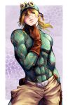  1boy abs bangs blonde_hair border brown_gloves brown_pants diego_brando gloves green_eyes green_shirt jojo_no_kimyou_na_bouken lips long_hair long_sleeves looking_at_viewer muscular muscular_male pants parted_lips purple_background shirt solo soraao0322 steel_ball_run white_border 