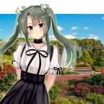  1girl absurdres alternate_costume arms_behind_back black_skirt blue_sky cloud commentary_request cowboy_shot dark_green_hair garden green_eyes highres himura_moritaka kantai_collection long_hair looking_at_viewer photo_background shirt skirt sky solo suspenders twintails white_shirt zuikaku_(kancolle) 