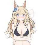  1girl animal_ears arn7 bangs bare_arms bare_shoulders bikini black_bikini blonde_hair blue_bow blue_eyes blush bow commentary_request gold_city_(umamusume) hair_bow horse_ears long_hair looking_at_viewer navel simple_background solo spoken_blush stomach swept_bangs swimsuit umamusume upper_body very_long_hair white_background 