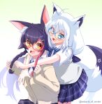  2girls absurdres ahoge animal_ear_fluff animal_ears bangs black_hair blue_bow blue_bowtie blue_skirt bow bowtie braid cardigan commentary_request earrings fox_ears fox_girl fox_tail glasses green_eyes hair_between_eyes highres hololive jewelry long_hair looking_at_viewer multicolored_hair multiple_girls murasame_(sword_of_nmkr) ookami_mio plaid plaid_skirt pleated_skirt red_hair shirakami_fubuki shirt sidelocks simple_background single_braid skirt streaked_hair tail twitter_username virtual_youtuber white_background white_hair white_shirt wolf_ears wolf_girl yellow_eyes 