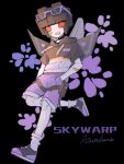  azuredawn40 bandaid bandaid_on_face black_footwear black_hoodie decepticon fang grey_hoodie highres hood hoodie looking_at_viewer mecha mechanical_wings purple_shorts red_eyes robot shorts skywarp smile solo sunglasses transformers two-tone_hoodie wings 